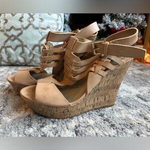 GUESS leather neutral ankle strap wedge sandals